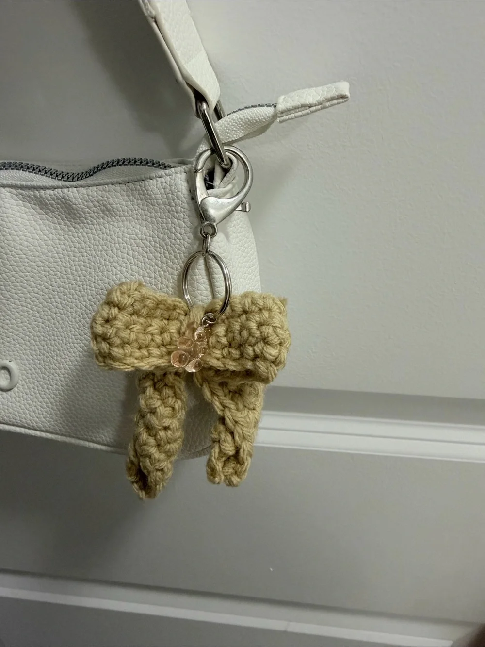 Handmade Beige Crochet Bow Keychain Charm